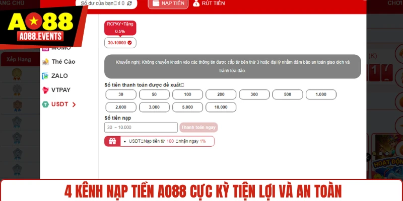 4 kênh nạp tiền AO88 cực kỳ tiện lợi và an toàn
